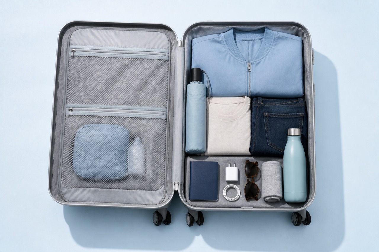 Open carry-on suitcase with clothing, passport, charger, sunglasses, umbrella, and bottle.
