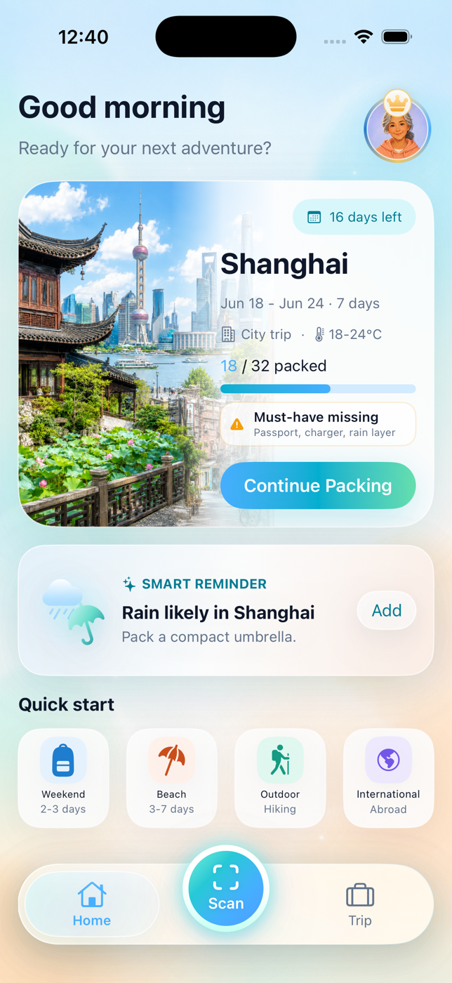 PackCue home screen showing a Shanghai packing list and weather reminder.